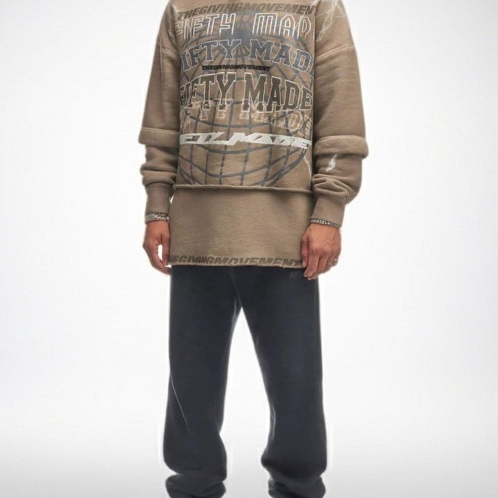 Men's Beige Graphic Oversized Vintage Logo Hoodie.